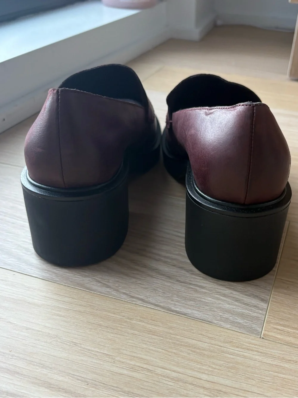Wine Leather Penny Loafers with Block Heel - Picture 4 of 4